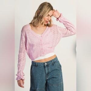 NWT LULUS Charmingly Cuddly Light Pink Ribbed Ballon Sleeve Cardigan Sweater
